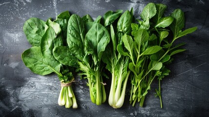 Mix of nutritious greens including pak choi, spinach, and asparagus with bergamot leaves, appealing for health-conscious designs