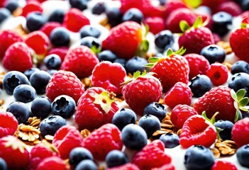 Wall Mural - juicy fresh berries creamy healthy breakfast concept, yogurt, food, delicious, organic, natural, colorful, ripe, sweet, nutrition, snack, fruity, meal, dairy