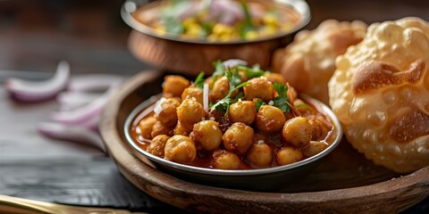 Poster - Delicious Indian Chole Bhature Spicy Chickpeas and Fried Bread. Concept Indian Cuisine, Chole Bhature, Spicy Recipes, Street Food, Delicious Fried Bread