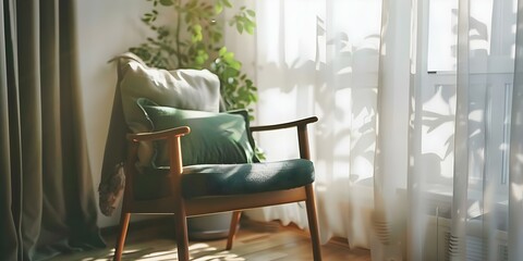 Wall Mural - Creating a Cozy Home Atmosphere with Soft Pillows, Armchair, and Natural Light. Concept Home Decor, Cozy Atmosphere, Soft Pillows, Armchair, Natural Light