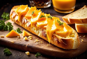Wall Mural - golden crispy baguette melted cheese freshly baked french bread gourmet snack, cheddar, crust, delicious, food, hot, loaf, lunch, meal, savory, slice, tasty