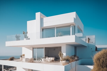 A white house in a modern architectural style against a clear blue sky. 