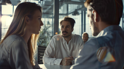 A man engaged in a serious discussion with two others in a sunlit modern office, highlighting collaboration and intense conversation.