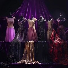 a group of dresses on a table in front of a purple curtain