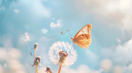 Aufkleber - Natural pastel background Morpho butterfly and dandelion Seeds of a dandelion flower on a background of blue sky with clouds Copy spaces : Generative AI