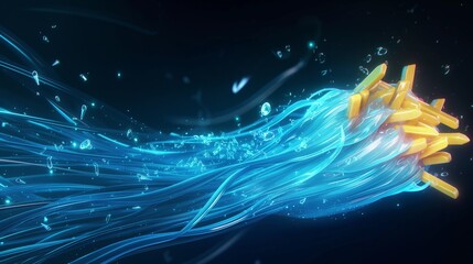 Wall Mural - A cluster of golden fries is intertwined with glowing blue digital streams, surrounded by floating particles.