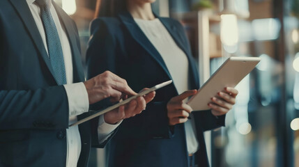 Sticker - Business professionals in formal attire discuss work on digital tablets in a sophisticated office setting.