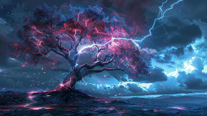 Tree with electric leaves, lightning bolts piercing all the branches. thunderstorm sky in the background. 