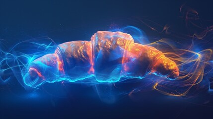 Wall Mural - A croissant is illuminated with vibrant blue and orange neon lights, creating a surreal, futuristic look against a dark background.