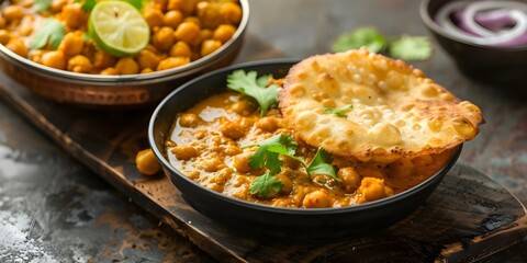 Wall Mural - Fluffy Fried Bread with Spicy Chickpea Curry Delicious Chole Bhature. Concept Indian Cuisine, Street Food, Vegetarian Dish, Spicy Chickpea Curry, Fluffy Fried Bread