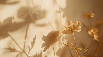 Aufkleber - Natural flower shadows are blurred on light brown and cream color wall at home at sunrise : Generative AI