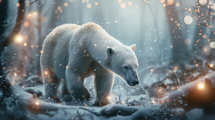 A polar bear walking through a snowy forest, with glowing fairy lights . 