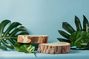 Canvas Print - Two cosmetic product podiums mockup. Background for presentation of cosmetic. Minimal modern product display on neutral blue background. Wood slice podium and green leaves. Concept - generative ai