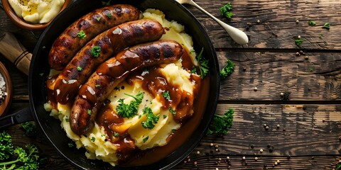 Canvas Print - Classic Dish Bangers and Mash with Sausage, Mashed Potatoes, Cabbage, and Gravy. Concept Traditional British cuisine features bangers and mash, a comforting dish with sausages, mashed potatoes