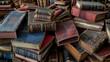 © VK Studio - A close-up of a stack of old, dusty books with worn spines and covers, piled haphazardly, evoking stories and knowledge from ages past.