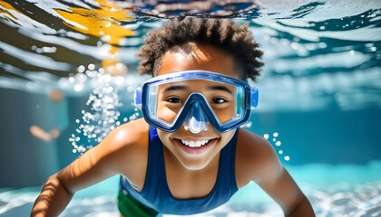 Young Girl Diving With Mask Underwater