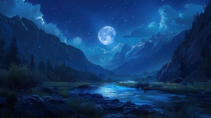 Wall Mural - majestic moon illuminating serene river valley at night mountains and stars concept art