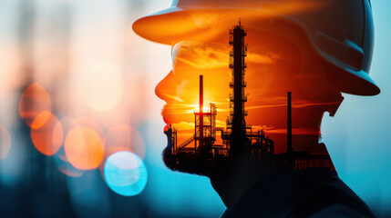 Wall Mural - A man wearing a hard hat is looking at a large industrial plant