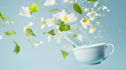 Wall Mural - Creative layout with fresh flowers and leaves flying and pouring from tea cup on pastel blue background Creative floral spring bloom concept Still life natural visual trend : Generative AI