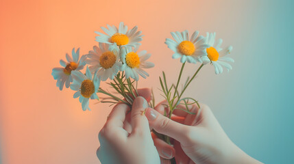 Wall Mural - hand holding bouquet of chamomile flowers : Generative AI