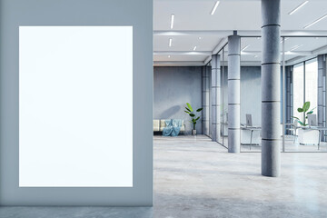 A mockup of a blank white poster in a modern office with concrete columns, on a concrete and glass background, concept of design presentation. 3D Rendering