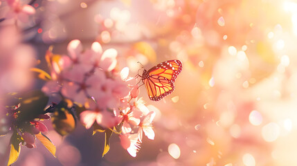 Poster - Spring background with pink blossom and fly butterfly Beautiful nature scene with blooming tree and sun flare : Generative AI
