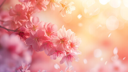 Aufkleber - Horizontal banner with sakura flowers of pink color on sunny backdrop Beautiful nature spring background with a branch of blooming sakura Sakura blossoming season in Japan : Generative AI
