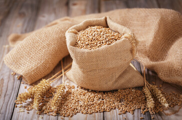 Poster - Wheat grains and wheat spikelets on wooden background