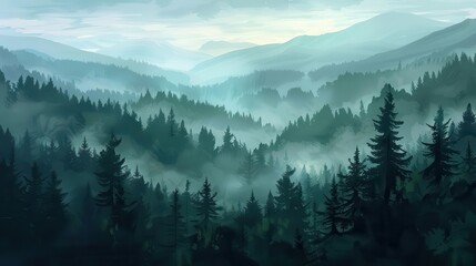 Wall Mural - misty forest landscape with rolling hills and dense fog tranquil morning atmosphere digital painting