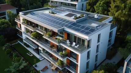 Wall Mural - modern apartment building with flat roof and solar panel system sustainable architecture concept