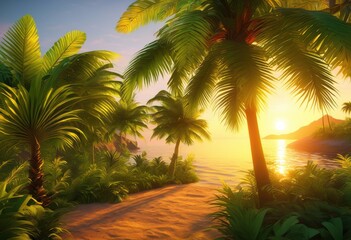 Wall Mural - sunset glow through palm tropical nature scene warm light filtering through green leaves, frond, leaf, tree, branch, foliage, plant, background, sky, orange