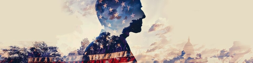 Portrait of a history lecturer presenting a double exposure style artwork wallpaper with a patriotic USA-themed design and ample copy space for text overlay or additional graphic elements.