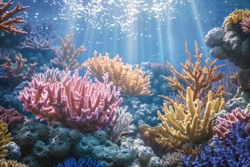 Wall Mural - A coral reef scene with tips of corals glowing, representing the illumination and diversity of creative ecosystems.