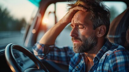 A man is driving a truck and is looking at the ground