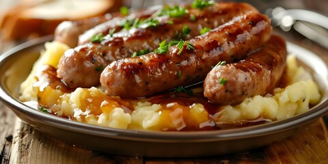 Wall Mural - Delicious British Comfort Food Bangers and Mash, a Tasty Combination of Sausages and Mashed Potatoes. Concept British Cuisine, Bangers and Mash, Comfort Food, Sausages, Mashed Potatoes