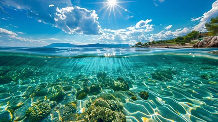Split underwater view with sunny sky and serene sea, ocean view