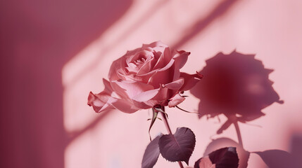 Aufkleber - Natural flower shadows are blurred on light pink rose and mauve color wall at home at sunrise : Generative AI