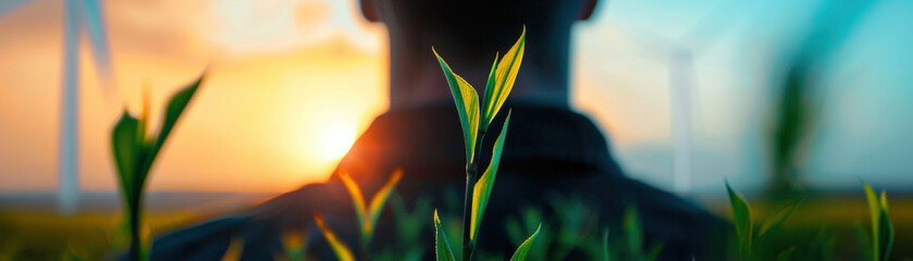 Sticker - A man is standing in a field of green grass with a leafy plant in his hand