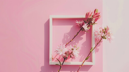 Wall Mural - Creative layout made with flowers and white frame Spring minimal concept Nature background : Generative AI