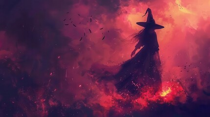 mysterious halloween witch silhouette with fiery embers dark fantasy background digital painting