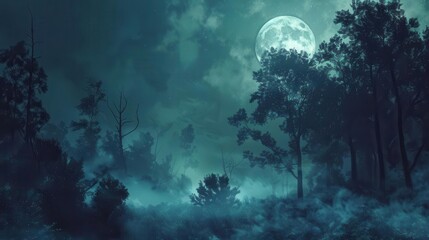 Wall Mural - mysterious misty forest landscape at night with a glowing moon atmospheric digital painting