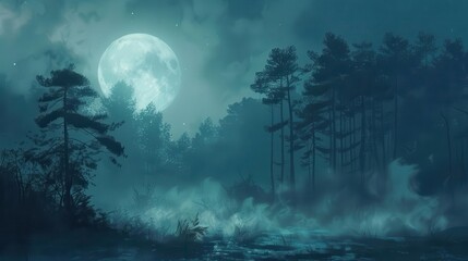 Wall Mural - mysterious misty forest landscape at night with a glowing moon atmospheric digital painting