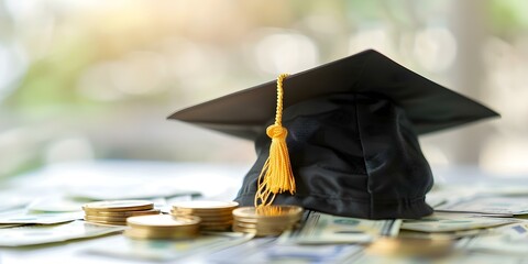 Budgeting for Educational Scholarships Saving Money in Your Graduation Cap. Concept Educational Scholarships, Saving Money, Graduation Cap, Budgeting