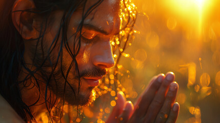Man praying at sunset with golden bokeh background