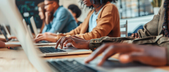 Wall Mural - diverse team working on laptops, each deeply engaged in their individual tasks, in a dynamic and col