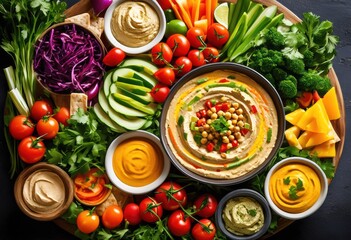 Wall Mural - colorful hummus platter fresh vegetables pita bread healthy snacking entertaining, appetizer, chickpea, dip, carrot, cucumber, bell, pepper, radish, celery