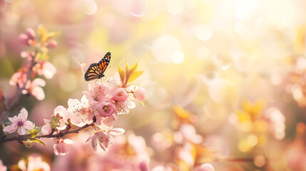 Poster - Spring background with pink blossom and fly butterfly Beautiful nature scene with blooming tree and sun flare : Generative AI