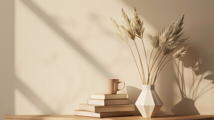 Wall Mural - Elegant interior still life Modern organic geometric shaped vase with dry flowers grass Pile of old books cup of coffee on wooden table Home staging minimal decor concept Blank beige w : Generative AI