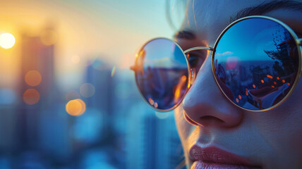 Young woman wearing sunglasses, cityscape reflection, sunset view