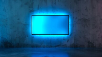 Wall Mural - Modern minimalist room with neon blue light, concrete walls and an illuminated frame in the center. Futuristic space design. Abstract display in industrial setting. Bright light. AI